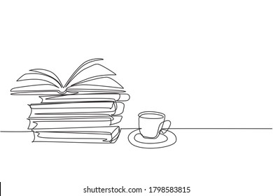 One single line drawing opened page book and cup hot black espresso coffee at school library  Book is window to the world concept  Continuous line draw design vector illustration