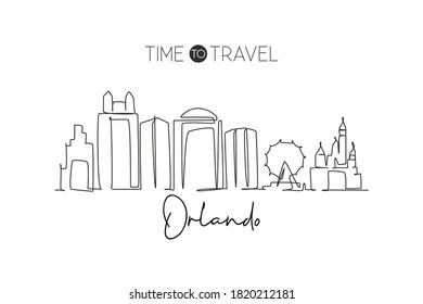 One single line drawing of Orlando city skyline, Florida. Historical town landscape in the world. Best holiday destination. Editable stroke trendy continuous line draw design vector illustration