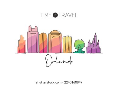 One single line drawing of Orlando city skyline, Florida. Historical town landscape in the world. Best holiday destination. Editable stroke trendy continuous line draw design vector illustration