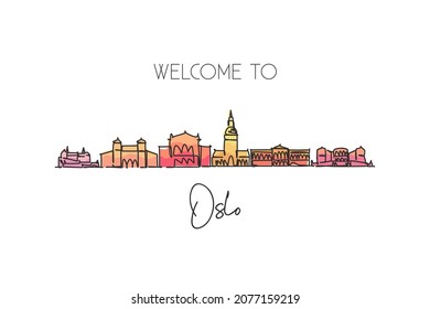 One single line drawing of Oslo city skyline, Norway. World historical town landscape postcard. Best place holiday destination. Editable stroke trendy continuous line draw design vector illustration