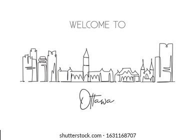 One single line drawing Ottawa city skyline Canada. World historical town landscape home decor wall poster print. Best place holiday destination. Trendy continuous line draw design vector illustration