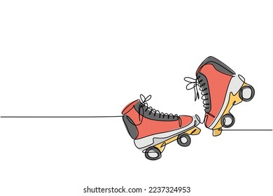 One single line drawing of pair of old retro plastic quad roller skate shoes. Vintage classic extreme sport concept continuous line draw design vector graphic illustration