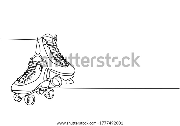 One single line\
drawing of pair of old retro plastic quad roller skate shoes.\
Trendy vintage classic sport concept continuous line draw graphic\
design vector illustration