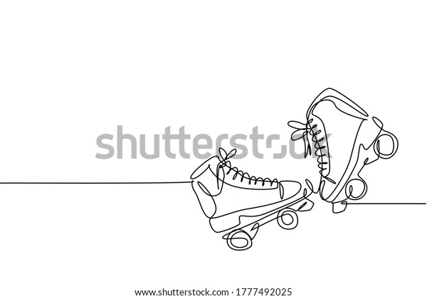 One single line\
drawing of pair of old retro plastic quad roller skate shoes.\
Vintage classic extreme sport concept continuous line draw design\
vector graphic\
illustration
