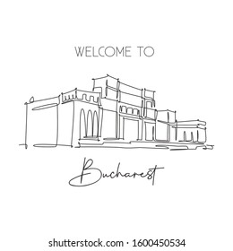 One single line drawing of Palace of the Parliament Romania Bucharest landmark. Tourism travel postcard home wall decor poster print art concept. Trendy continuous line draw design vector illustration