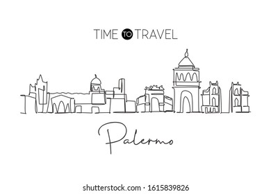 One single line drawing Palermo city skyline, Italy. Historical skyscraper landscape in world. Best holiday destination home wall decor poster. Trendy continuous line draw design vector illustration