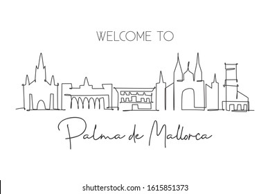 One single line drawing of Palma de Mallorca city skyline Spain. Historical skyscraper landscape in world. Best holiday destination wall decor poster. Continuous line draw design vector illustration