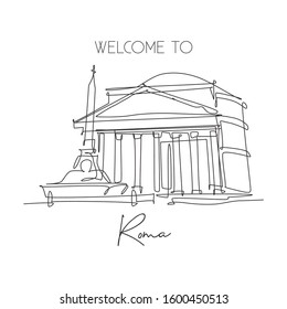 One single line drawing Pantheon landmark. Iconic ancient temple in Rome Italy. Tourism travel postcard home wall decor art poster print concept. Trendy continuous line draw design vector illustration