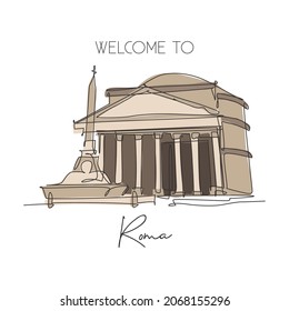 One single line drawing Pantheon landmark. Iconic ancient temple in Rome Italy. Tourism travel postcard home wall decor art poster print concept. Trendy continuous line draw design vector illustration