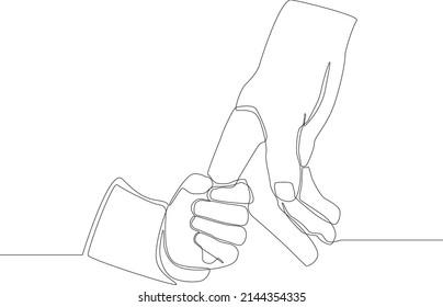 One single line drawing of parent holds the hand of a small child. continuous line draw design graphic vector illustration.