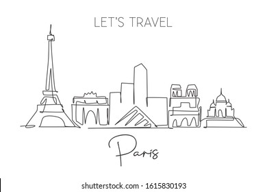 One single line drawing of Paris city skyline France. Historical skyscraper landscape in world. Best holiday destination wall decor poster print. Trendy continuous line draw design vector illustration