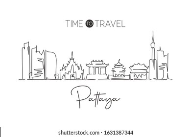 One single line drawing Pattaya city skyline, Thailand. World town landscape home wall decor poster print art. Best place holiday destination. Trendy continuous line draw design vector illustration