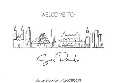 One single line drawing of São Paulo city skyline, Brazil. World historical town landscape. Best place holiday destination wall decor poster art. Trendy continuous line draw design vector illustration