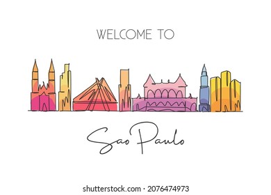 One single line drawing of São Paulo city skyline, Brazil. World historical town landscape. Best place holiday destination wall decor poster art. Trendy continuous line draw design vector illustration