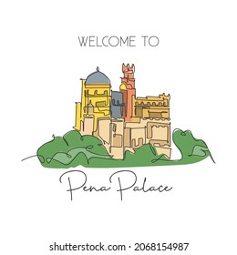One single line drawing Pena Palace landmark. World famous iconic castle in Sintra, Portugal. Tourism travel home wall decor postcard poster concept. Continuous line draw design vector illustration