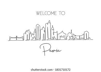 One single line drawing Peoria city skyline, Illinois. World historical town landscape poster. Best holiday destination postcard. Editable stroke trendy continuous line draw design vector illustration