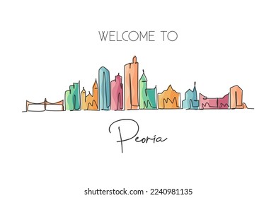 One single line drawing Peoria city skyline, Illinois. World historical town landscape poster. Best holiday destination postcard. Editable stroke trendy continuous line draw design vector illustration