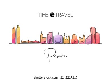 One single line drawing Peoria city skyline, Illinois. World historical town landscape. Best holiday destination postcard print. Editable stroke trendy continuous line draw design vector illustration