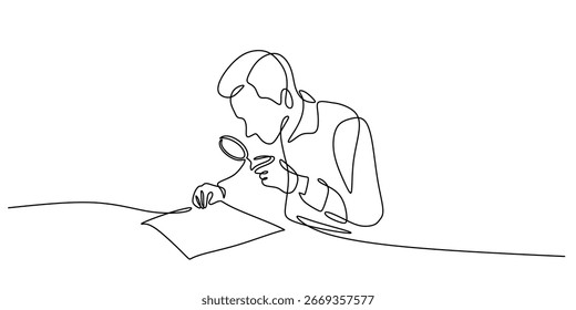Eine einzelne Linie Zeichnung einer Person, die ein Dokument mit einem Vergrößerungsglas prüft. Konzept der Finanzprüfung und der Unternehmensprüfung. Vektorgrafik mit Kopienraum