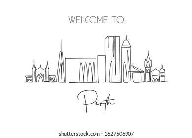 One single line drawing of Perth city skyline, Australia. Historical town landscape. Best holiday destination home decor wall art poster print. Trendy continuous line draw design vector illustration