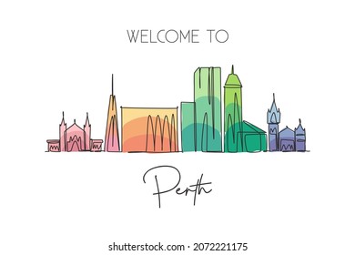 One single line drawing of Perth city skyline, Australia. Historical town landscape. Best holiday destination home decor wall art poster print. Trendy continuous line draw design vector illustration