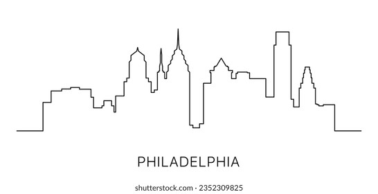 One single line drawing of Philadelphia city skyline, USA. Historical town landscape. Trendy Philly buildings panoram design with a continuous line. Vector illustration.