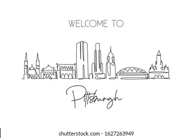 One Single Line Drawing Of Pittsburgh City Skyline, Pennsylvania. Historical Town Landscape In World. Best Holiday Destination. Editable Stroke Trendy Continuous Line Draw Design Vector Illustration