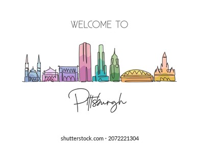 One Single Line Drawing Of Pittsburgh City Skyline, Pennsylvania. Historical Town Landscape In World. Best Holiday Destination. Editable Stroke Trendy Continuous Line Draw Design Vector Illustration