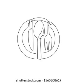 One single line drawing of plate knife, fork and knife for restaurant logo vector illustration graphic. Luxury cafe badge concept. Modern continuous line draw design food store art logotype