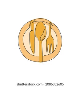 One single line drawing of plate knife, fork and knife for restaurant logo vector illustration graphic. Luxury cafe badge concept. Modern continuous line draw design food store art logotype