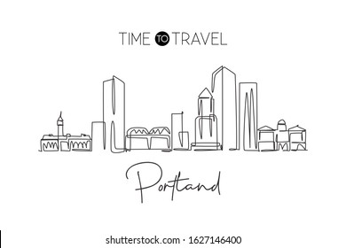 One single line drawing of Portland city skyline United States. Historical town landscape in the world. Best holiday destination. Editable stroke trendy continuous line draw design vector illustration