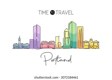 One single line drawing of Portland city skyline United States. Historical town landscape in the world. Best holiday destination. Editable stroke trendy continuous line draw design vector illustration