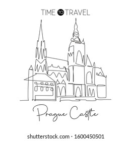 One single line drawing Prague Castle landmark. World famous iconic building in Czech Republic. Tourism travel postcard home wall decor poster concept. Continuous line draw design vector illustration