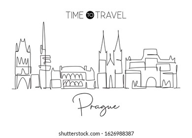 One single line drawing of Prague city skyline, Czech Republic. Historical town landscape in world. Best holiday destination wall decor poster. Trendy continuous line draw design vector illustration