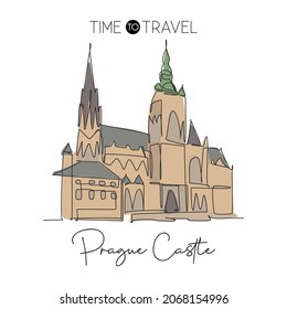 Una sola línea que dibuja el monumento del Castillo de Praga. Edificio icónico de fama mundial en la República Checa. Turismo postales decoración de postales de viaje en la pared interior concepto de póster. Ilustración vectorial de dibujo de línea continua