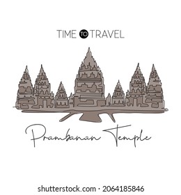 One single line drawing Prambanan Temple landmark. World famous place in Jogja, Indonesia. Tourism travel postcard home wall decor print concept. Modern continuous line draw design vector illustration