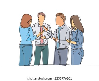 One single line drawing of project manager explain company business process to young male and female apprentices at office. Business internship concept continuous line draw design vector illustration