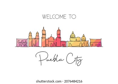 One single line drawing of Puebla city skyline, Mexico. World historical town landscape. Best place holiday destination postcard. Editable stroke trendy continuous line draw design vector illustration