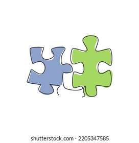 One single line drawing of puzzle pieces for connection company logo identity. Teamwork business icon concept from jigsaw shape. Trendy continuous line draw design vector illustration