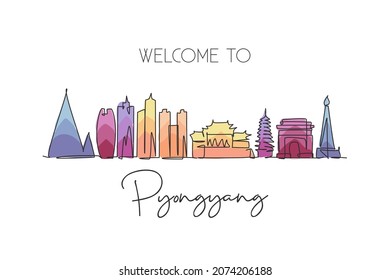 Eine einzige Linie, die die Skyline der Stadt Pjöngjang Nordkorea zeichnet. Historische Stadtlandschaft. Das beste Urlaubsziel Heimwand Dekor Kunst Poster Druck. Trendsetter-Design mit kontinuierlicher Linie, Vektorgrafik