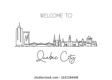One single line drawing of Quebec city skyline, Canada. World historical town landscape. Best place holiday wall decor poster print destination. Trendy continuous line draw design vector illustration