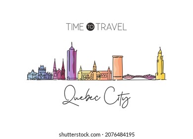 One Single Line Drawing Of Quebec City Skyline, Canada. World Historical Town Landscape. Best Place Holiday Wall Decor Poster Print Destination. Trendy Continuous Line Draw Design Vector Illustration