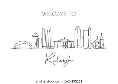 One single line drawing of Raleigh city skyline, United States. Historical town landscape. Best holiday destination wall decor 
art poster print. Trendy continuous line draw design vector illustration