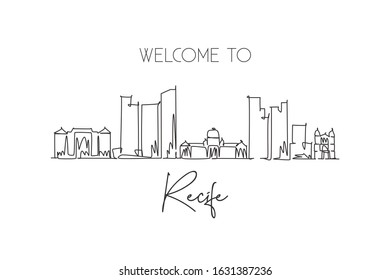 One single line drawing of Recife city skyline, Brazil. World historical town landscape postcard. Best place holiday destination. Editable stroke trendy continuous line draw design vector illustration