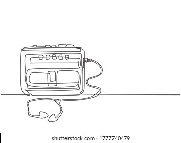 One single line drawing of retro old classic portable radio tape with earphone. Vintage mobile cassette player item concept continuous line draw design graphic vector illustration