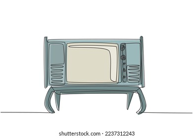 Eine einzelne Zeichnung aus Retro-TV mit Holztisch und Tischbeinen. Klassisches Vintage-Analogfernsehkonzept, kontinuierlicher Zeilenaufbau, Vektorgrafik