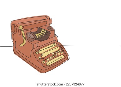 One single line drawing of retro old classic typewriter set from side view. Vintage office item concept continuous line draw graphic design vector illustration