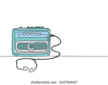 One single line drawing of retro old classic portable radio tape with earphone. Vintage mobile cassette player item concept continuous line draw design graphic vector illustration
