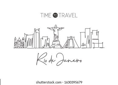 One single line drawing of Rio de Janeiro city skyline, Brazil. World historical town landscape. Best holiday destination home wall decor poster. Trendy continuous line draw design vector illustration