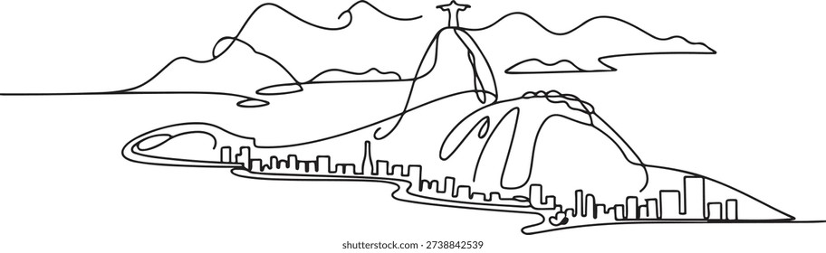 One single line drawing of Rio de Janeiro city skyline, Brazil. World historical town landscape. Best holiday destination home wall decor poster. one line Icon drawing
